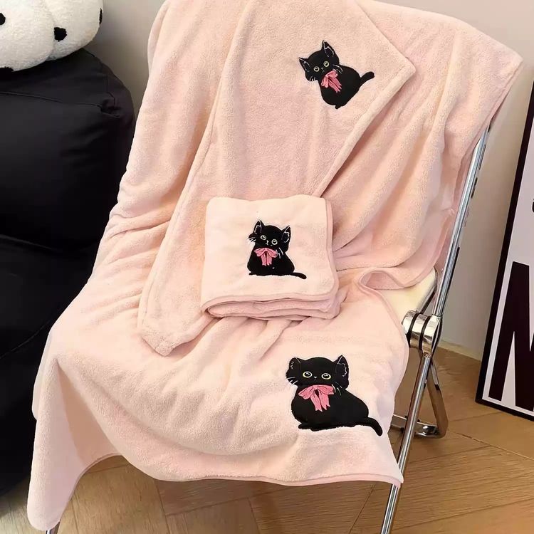 Pink And White Cat Embroidered Towels And Hair Wrap Set image 1
