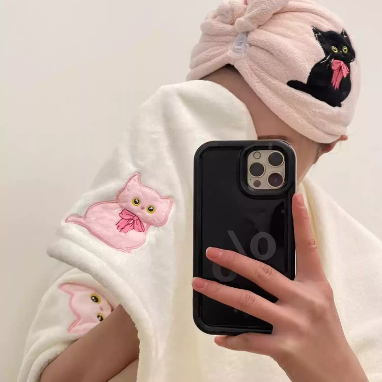Pink And White Cat Embroidered Towels And Hair Wrap Set image 3