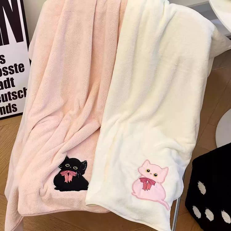Pink And White Cat Embroidered Towels And Hair Wrap Set image 2