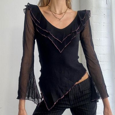 Black Sheer Long Sleeve Top With Ruffles