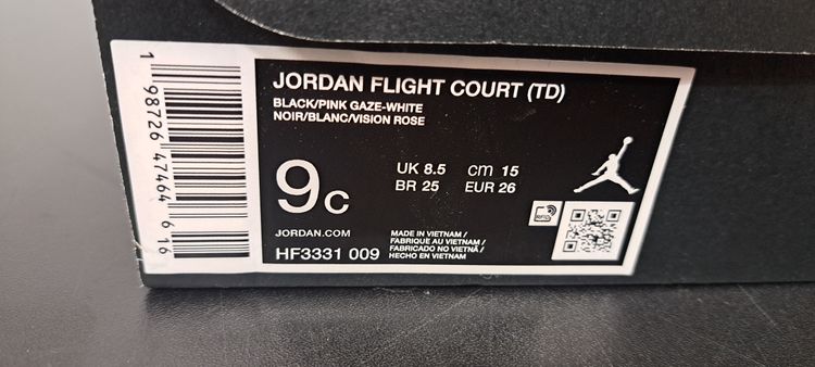 Jordan Flight Court (TD) UK 8.5 EUR 26 Black Pink Gaze White Brand New Full Box image 7