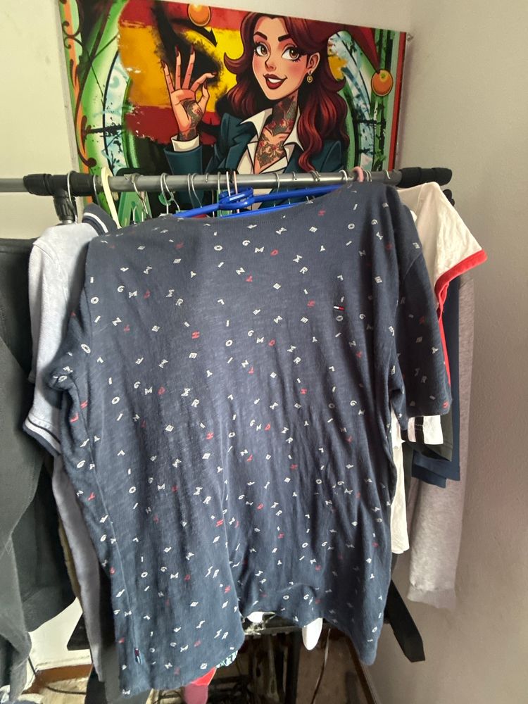 Dark Blue T-Shirt With Small White And Red Patterns