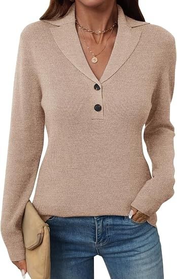 Beige Knit Long Sleeve Top With Collar And Buttons obraz 1