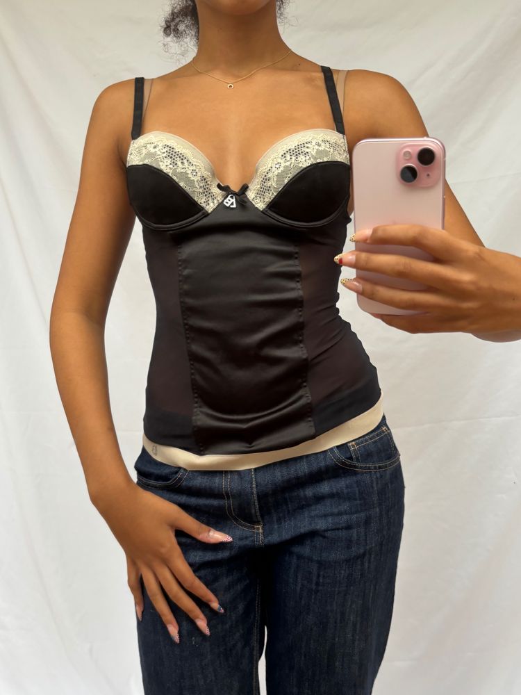 black and beige lace bustier top