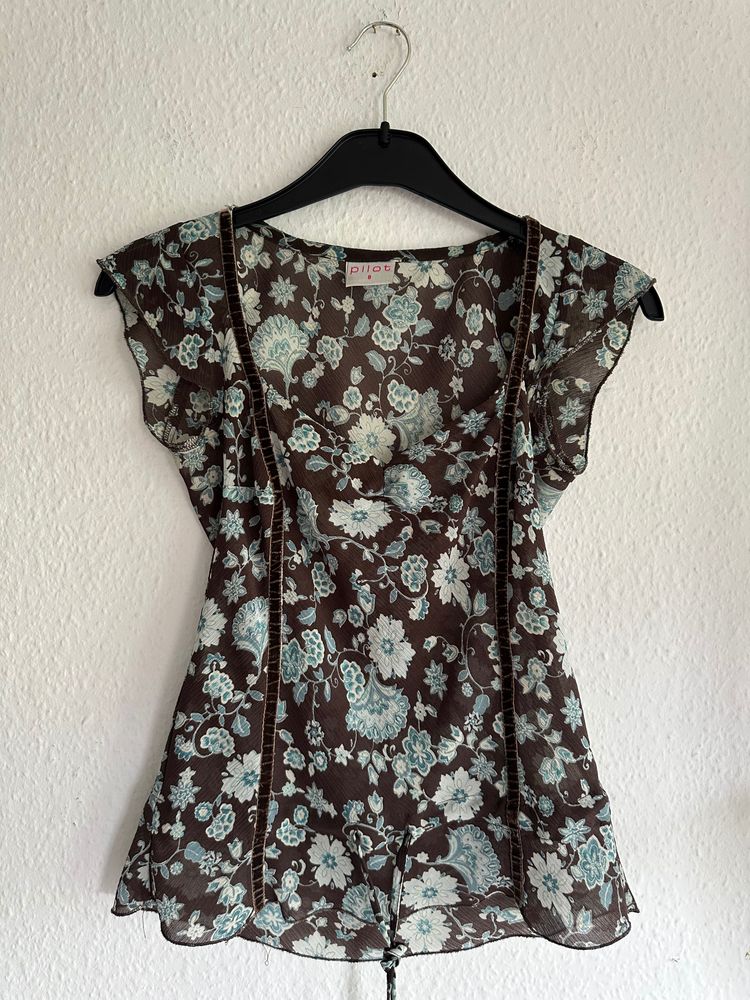 Pilot Brown Floral Short Sleeve Blouse
