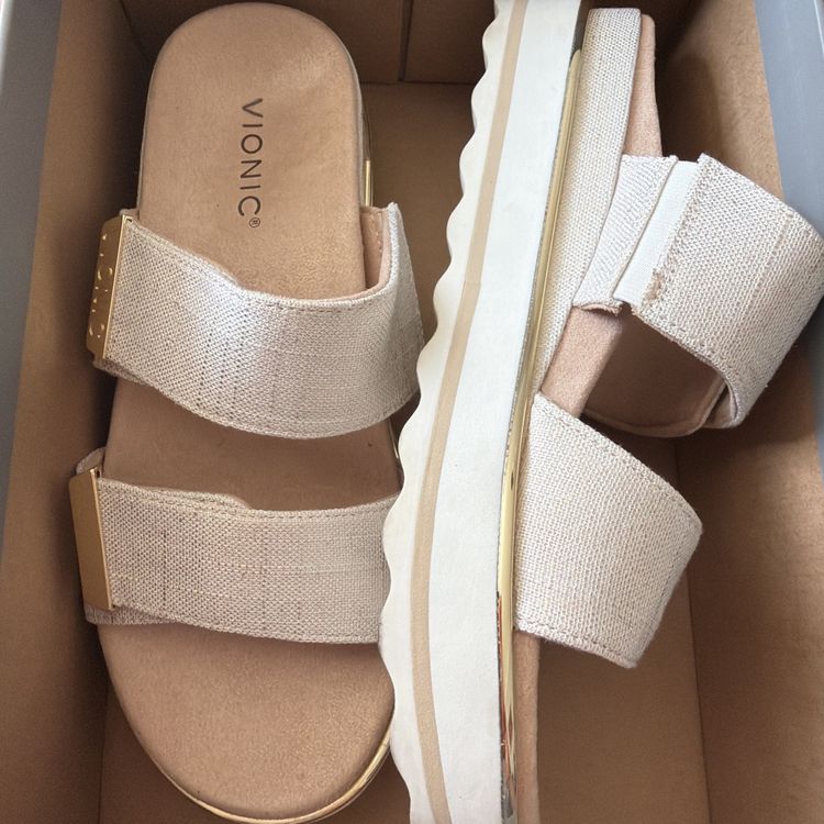 Vionic Phoenix Brandie Platform Wedge Sandal Adjustable Linen Metallic Size 5.5 obraz 1