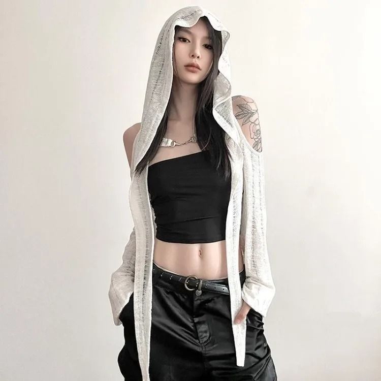 White Hooded Open-Shoulder Cardigan image 1