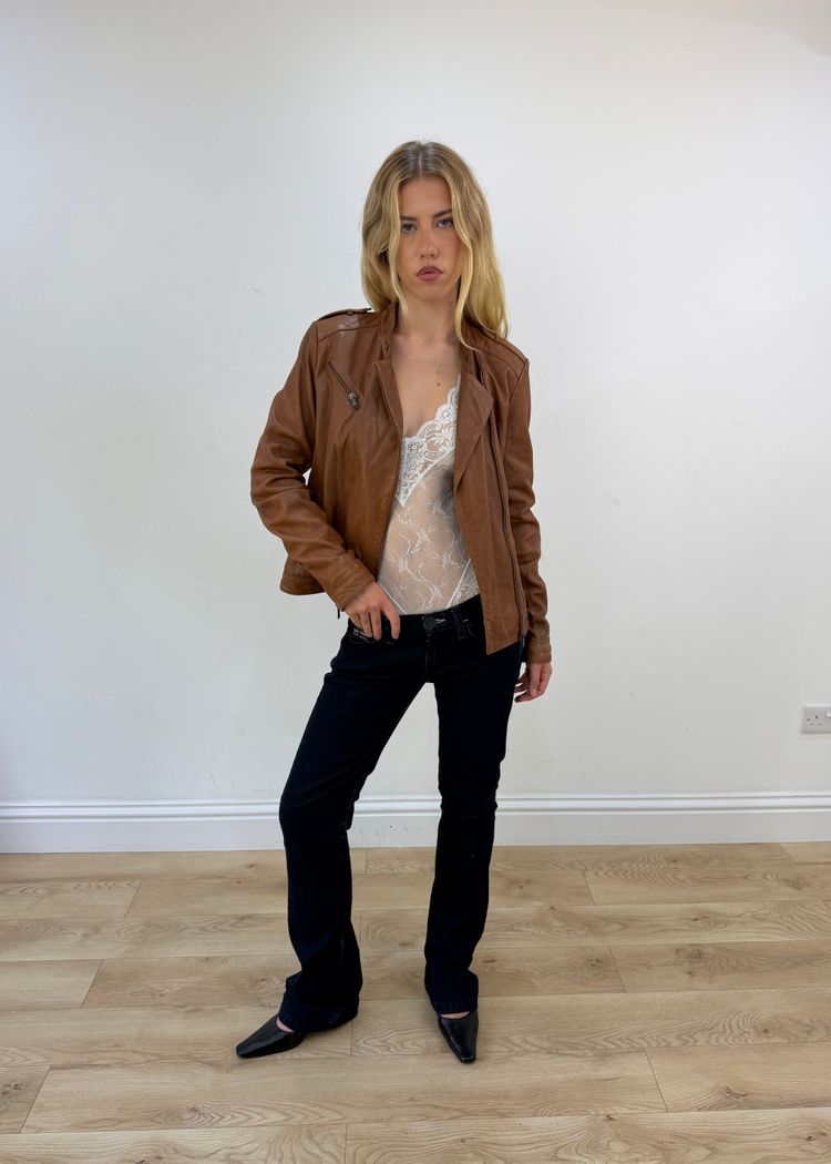 small brown biker jacket imagen 2