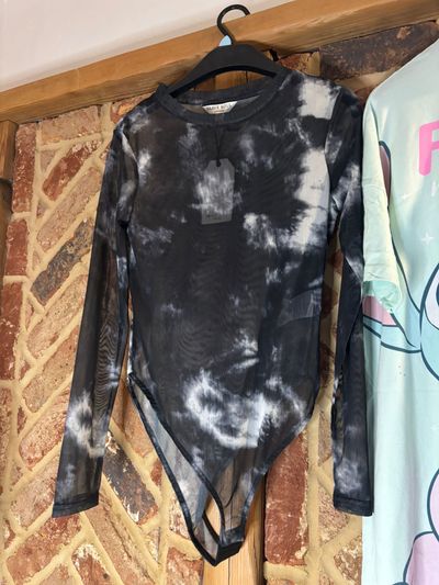 Black And White Tie-Dye Long Sleeve Bodysuit