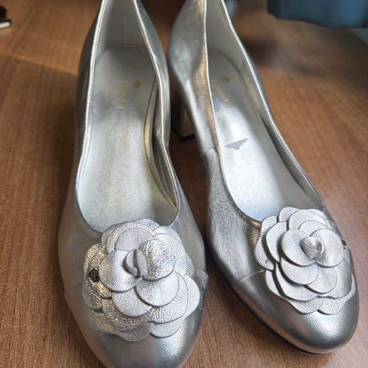 Kate Spade Flora Ballet Pump Metallic Silver Uk 5 USA 7.5 Block Heel Wedding BN image 2