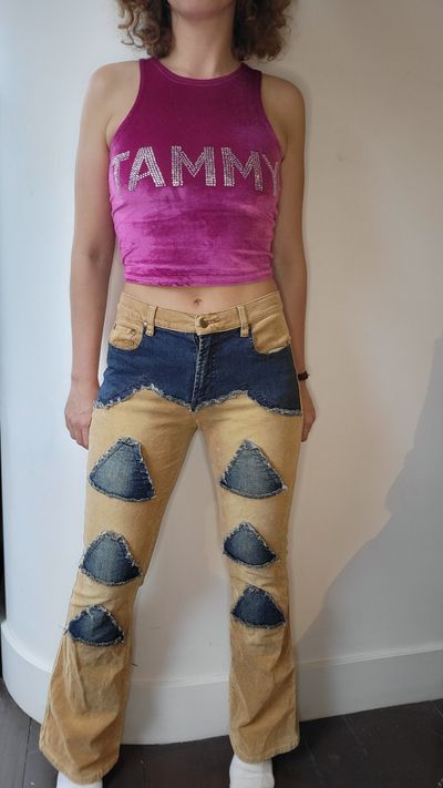 Patchwork Corduroy And Denim Pants