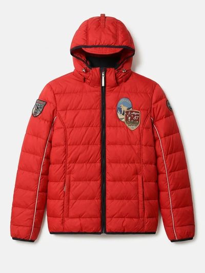 Red Hooded Puffer Jacket With Patches
