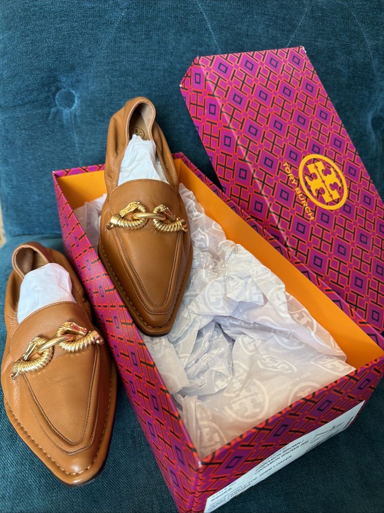 Tory Burch Jessa Pointed Loafer Cinnamon Brown Gold Horse US 5.5 Uk 3 New Boxed image 1