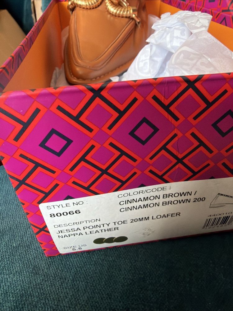 Tory Burch Jessa Pointed Loafer Cinnamon Brown Gold Horse US 5.5 Uk 3 New Boxed image 2