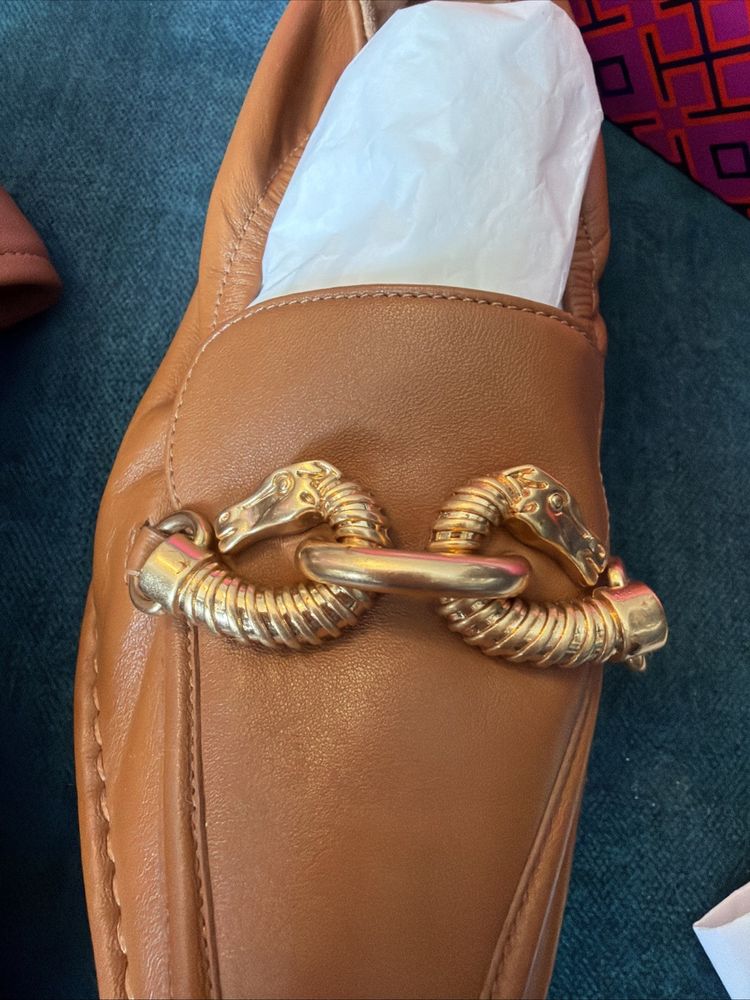 Tory Burch Jessa Pointed Loafer Cinnamon Brown Gold Horse US 5.5 Uk 3 New Boxed image 5