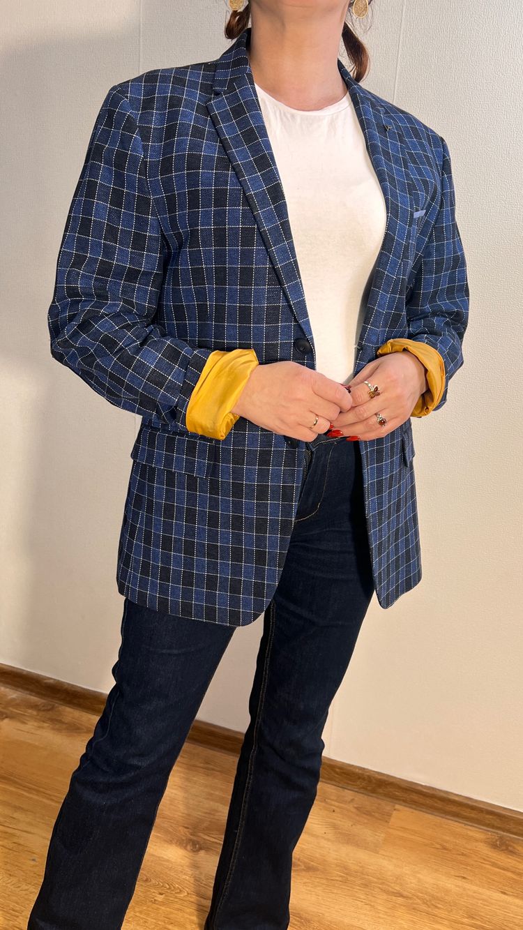 Blue Checkered Blazer  Marynarka w kratę r.42 granatowa oversize smart casual inditex image 3