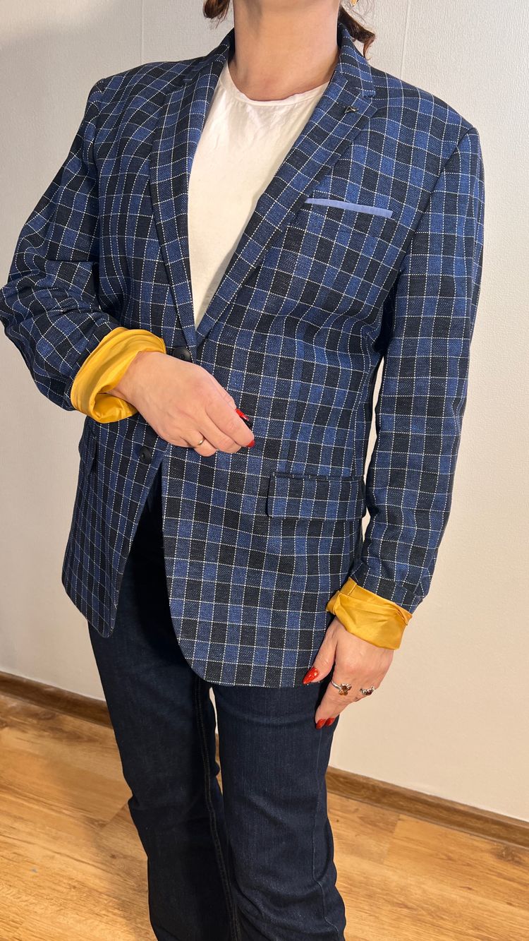 Blue Checkered Blazer Marynarka w kratę r.42 granatowa oversize smart casual inditex