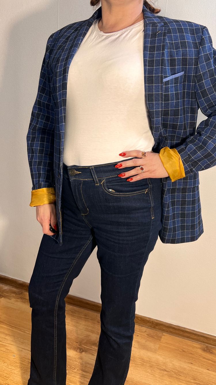 Blue Checkered Blazer  Marynarka w kratę r.42 granatowa oversize smart casual inditex image 5