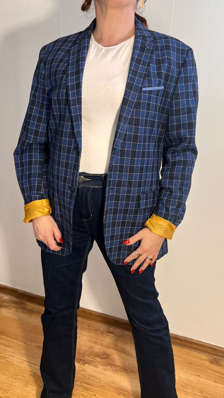 Blue Checkered Blazer  Marynarka w kratę r.42 granatowa oversize smart casual inditex image 4