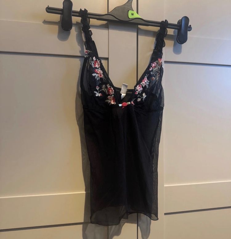 Black Sheer Lingerie Top With Floral Embroidery