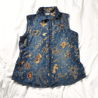 Vintage 90s embroidered denim vest – western boho with collar