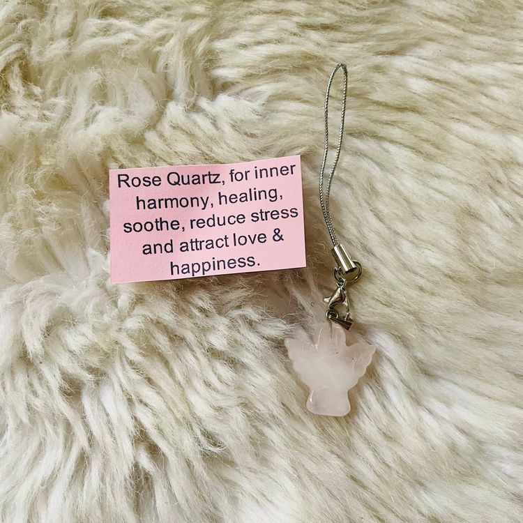 19-69 Natural Light Pink Rose Quartz Angel Phone Bag Charm Keyring Dangler BNWOT  product image