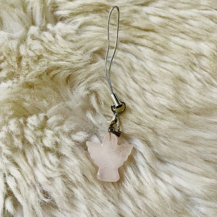 Natural Light Pink Rose Quartz Angel Phone Bag Charm Keyring Dangler BNWOT  2