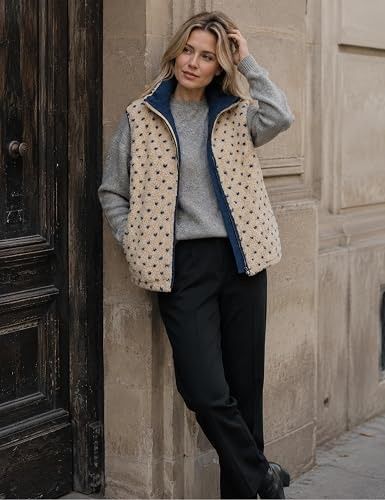 Beige Fleece Vest With Navy Lining image 1