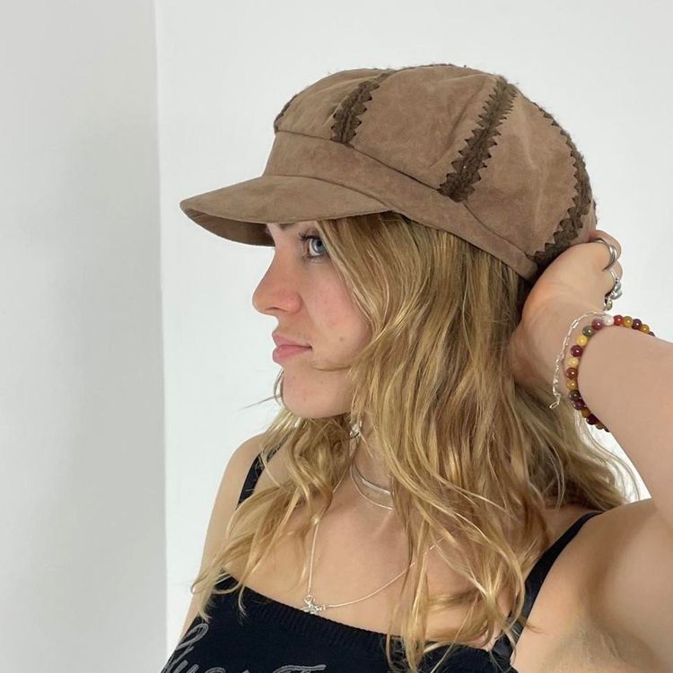 Brown Suede Patchwork Newsboy Cap 4