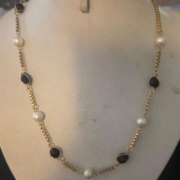 Gold-Tone Chain Necklace With Black Stones And White Pearls image 1