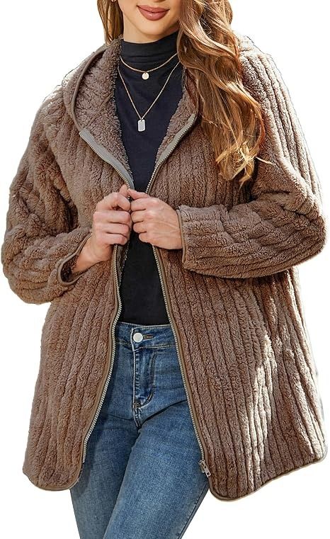 Brown Hooded Zip-Up Fleece Jacket image 3