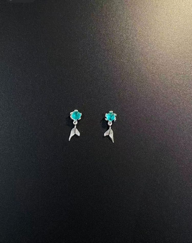 Silver Earrings With Turquoise Stones And Fish Tail Charms image 1