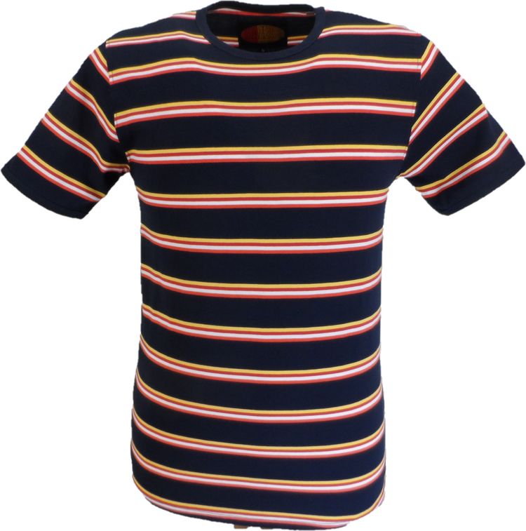 Mens Navy/Red/Yellow/White 60s 70s Retro Mod Striped T Shirt
