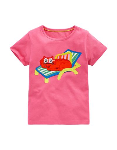 Mini Boden Girls Short Sleeve Applique Cotton T-Shirt Pink Lounge Cat