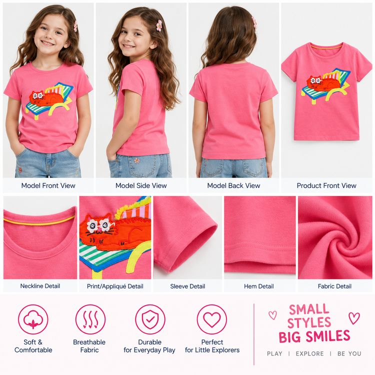 Mini Boden Girls Short Sleeve Applique Cotton T-Shirt Pink Lounge Cat imagen 3