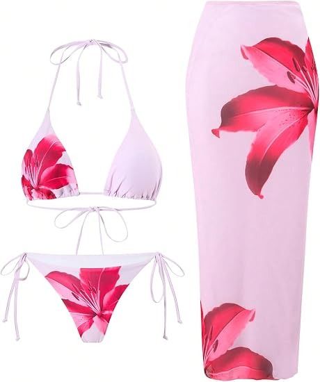 Pink Floral Bikini Set With Matching Sarong obraz 2
