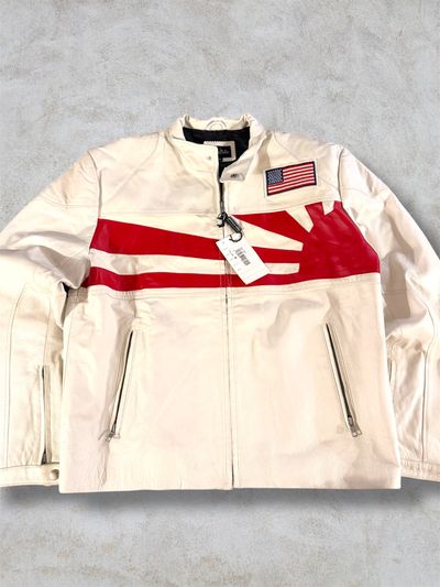 White Leather Jacket With Red And Black Graphic Design