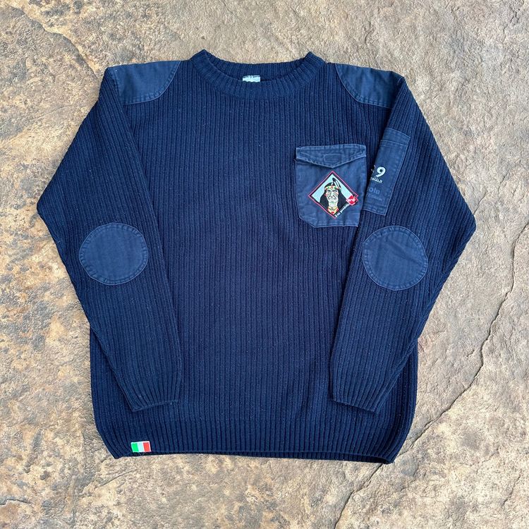 Navy Blue Sweater With Elbow Patches And Chest Pocket