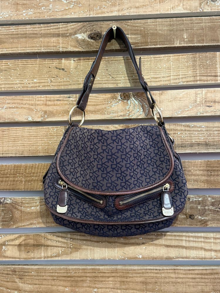 Vintage Y2K DKNY shoulder bag. Monogram brown leather trim.