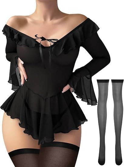 Black Off-Shoulder Sheer Bodysuit With Ruffle Details image 3