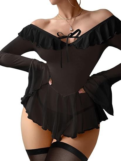 Black Off-Shoulder Sheer Bodysuit With Ruffle Details image 4