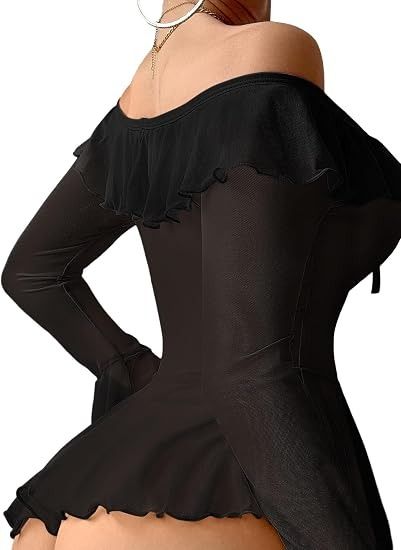 Black Off-Shoulder Sheer Bodysuit With Ruffle Details image 2