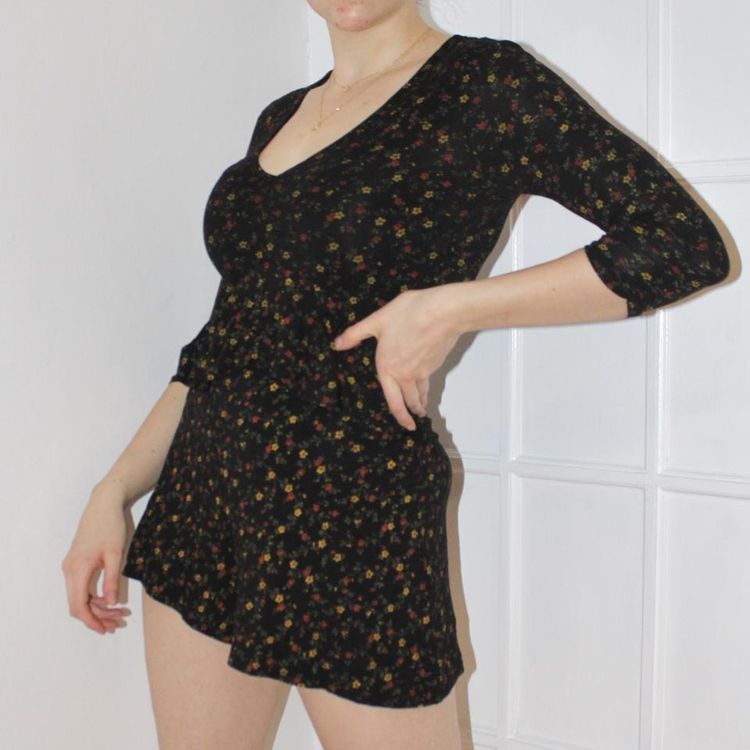 Miss Selfridge Miss Selfridge 90s style black floral playsuit with a v neckline and ruffle around the waist product image
