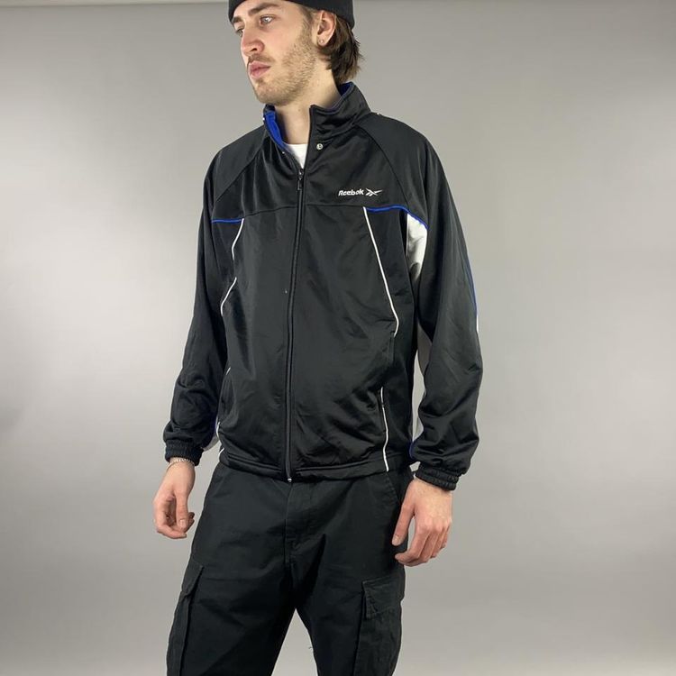 Vintage Reebok black and white and blue embroidered tracksuit track jacket top