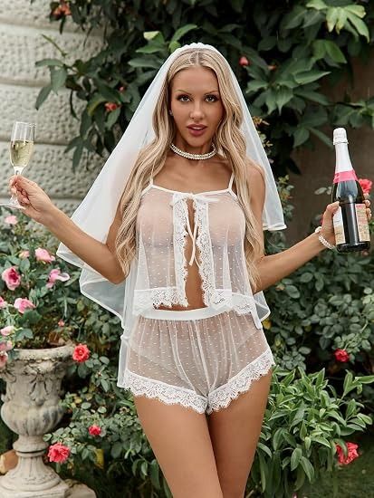White Sheer Lace Lingerie Set With Camisole And Shorts image 2