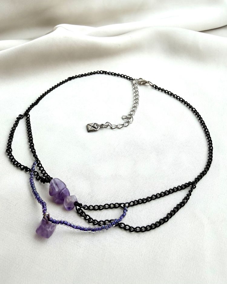 Natural Amethyst Layered Choker | Black Chain, Purple Beads & Envelope Charm⁠ image 1