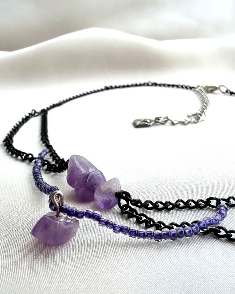 Natural Amethyst Layered Choker | Black Chain, Purple Beads & Envelope Charm⁠ image 3