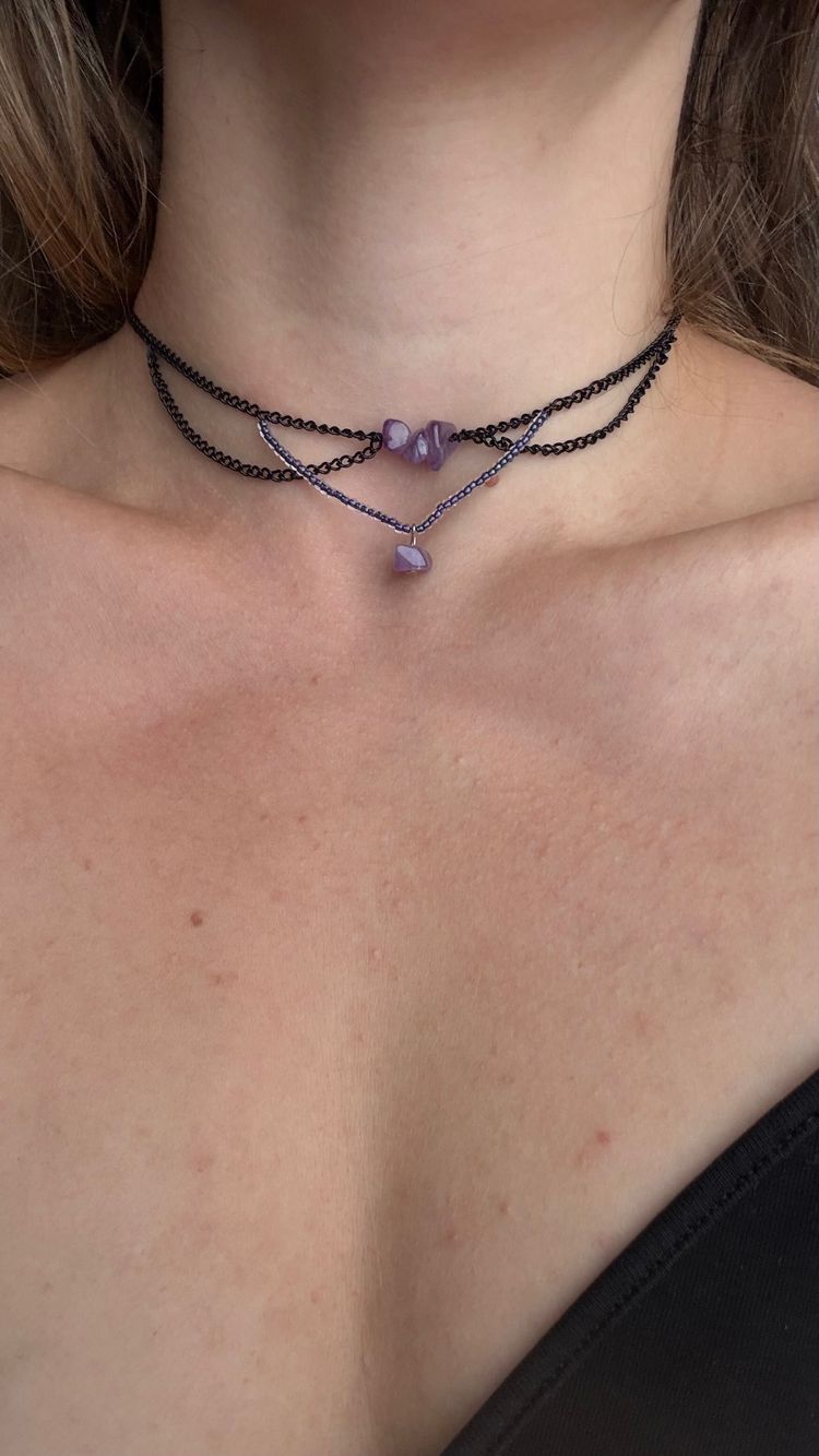 Natural Amethyst Layered Choker | Black Chain, Purple Beads & Envelope Charm⁠ image 2