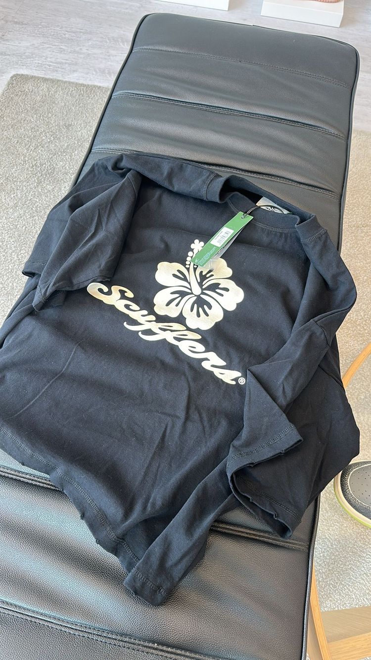 Black Long Sleeve Shirt With Hibiscus And Surfers Print