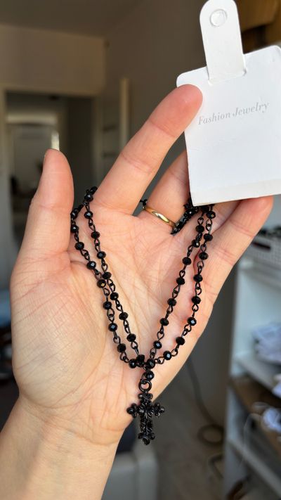 Black Beaded Necklace With Cross Pendant
